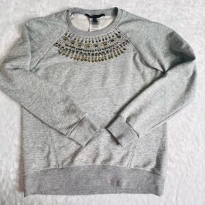 BCBGMAXAZRIA Womens Gray Beaded Long Sleeve Pullover Top Size Medium